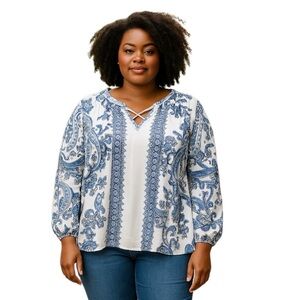 Peter Nygard Women's Sz 16 Blouse Lace-Up Blue White Flowy Plus Office Casual